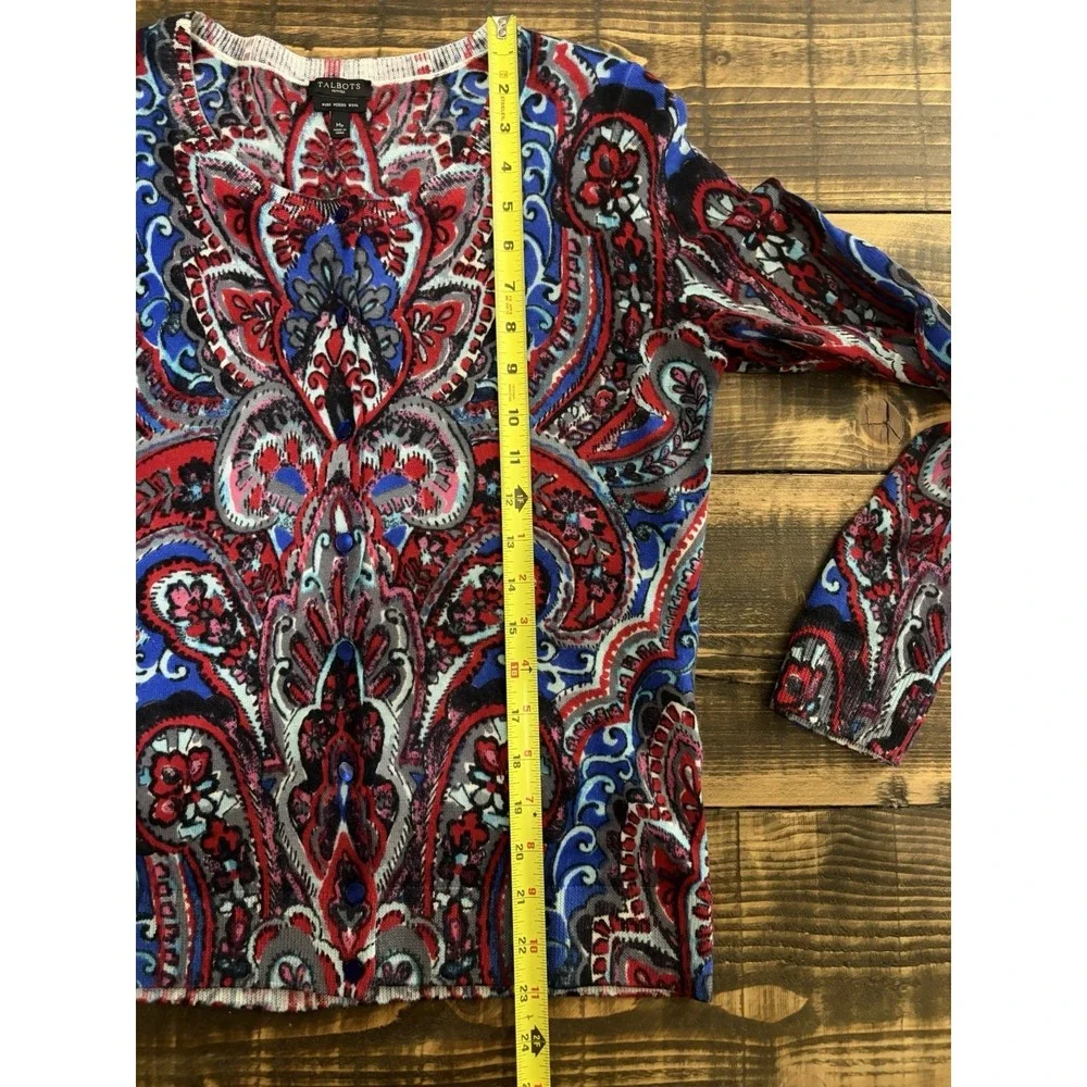 Talbots Petite Merino Wool Paisley Cardigan Sweater MP Boho Colorful